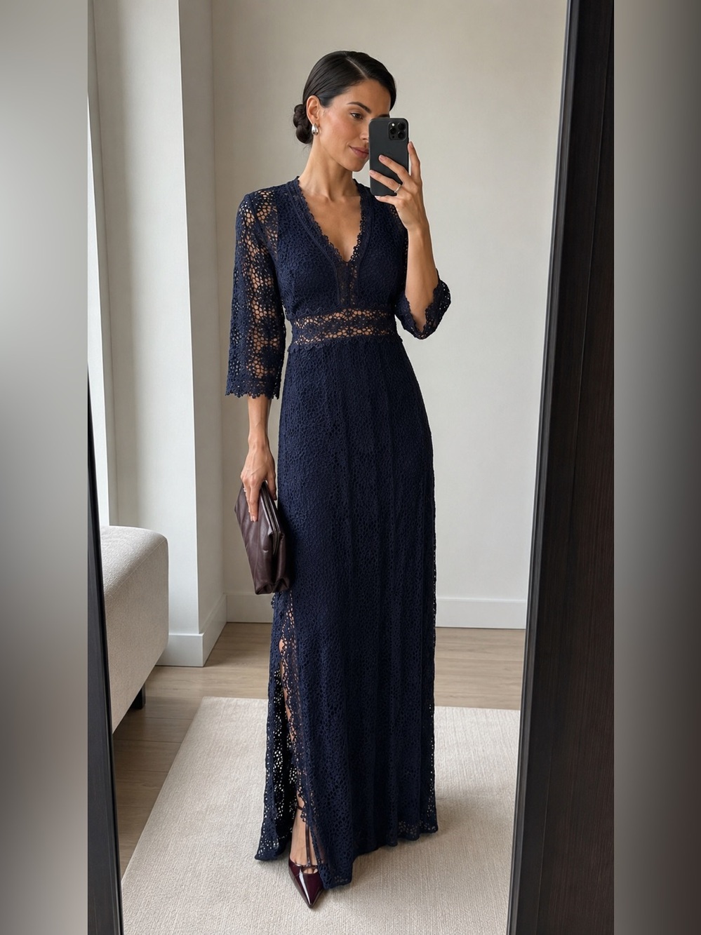 ba&sh Navy Blue Crochet Lace Maxi Dress V-Neck 3/4 Sleeve Size 2